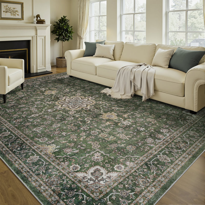 Alcott Hill® Floral Green Non-Slip Washable Area Rug & Reviews
